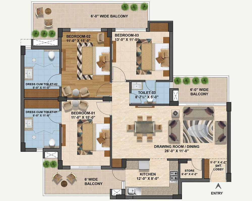 Emerald 3BHK 3D Layout